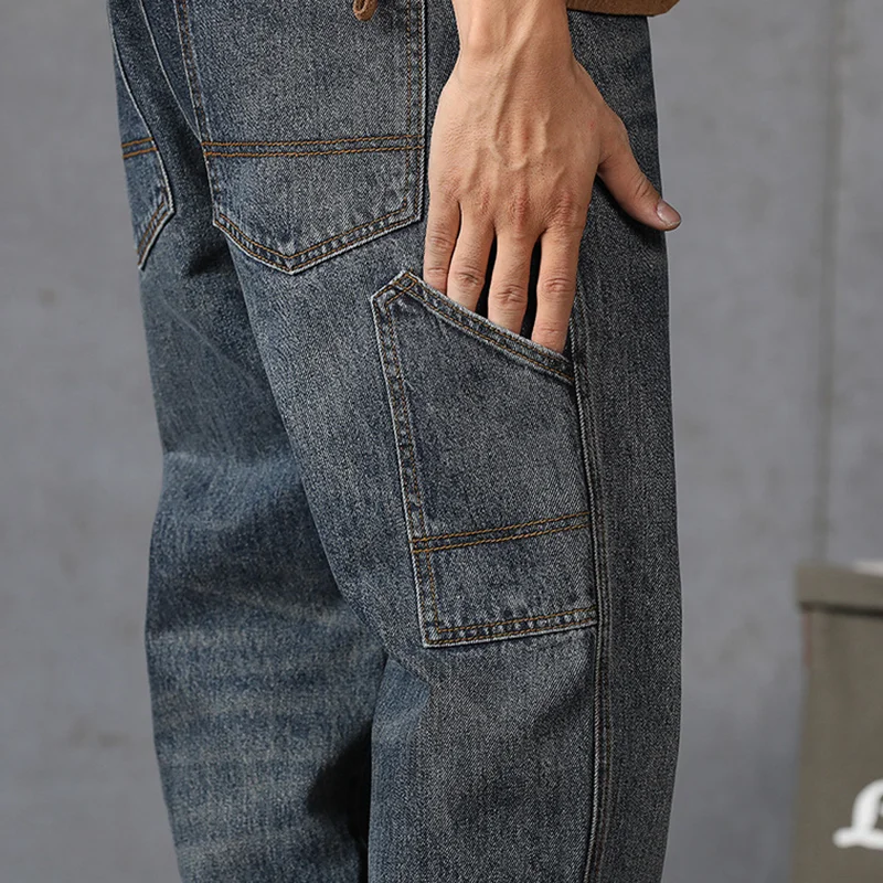 Streetwear Men Large Loose Broad Leg Navy Blue Jeans 2022 Autumn New Pattern Falling Feeling Mopping The Floor Trousers Female