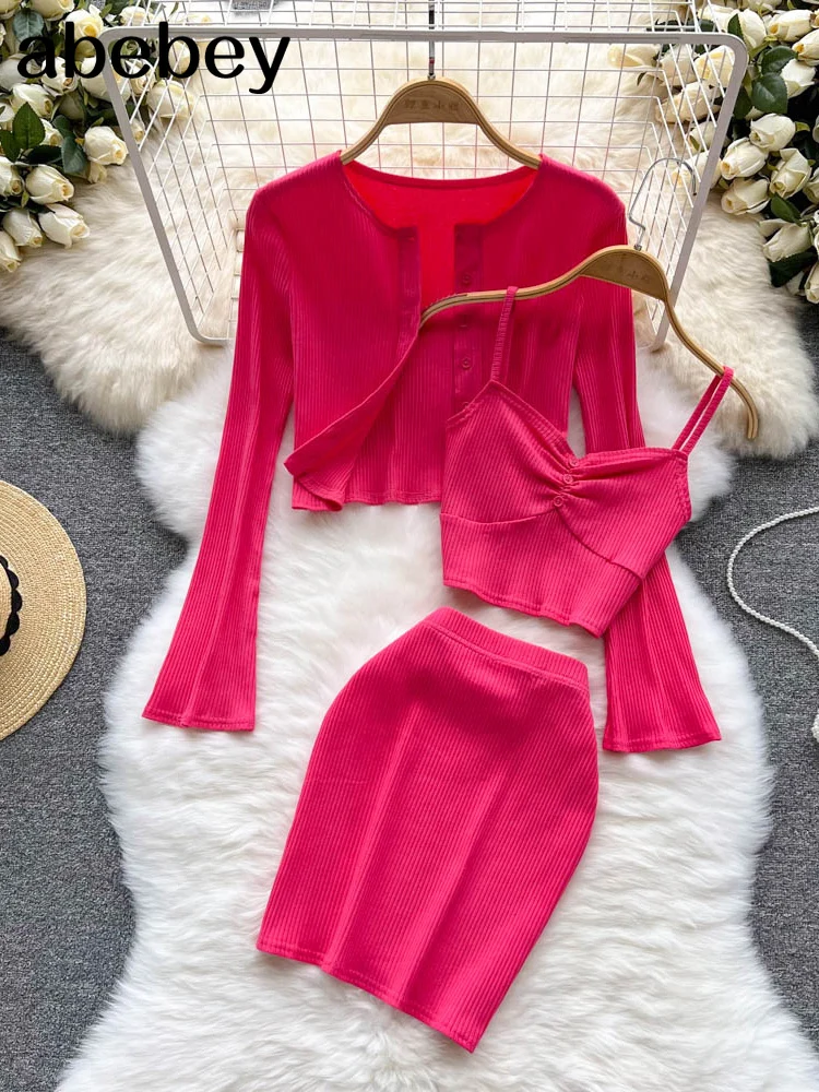 

Sweet Women Three-Piece Set SOlid Pink Summer Cardigan Sweater Short Strape Camis Two Piece Set + Bodycon Mini Skirt