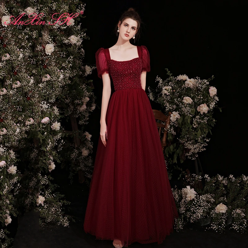 

AnXin SH princess wine red lace evening dress vintage sweetheart beading pearls a line sparkly lace up bride long evening dress