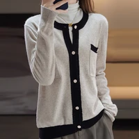cashmere sweater ladies round neck colorblock 2022 new autumn and winter 100 pure wool knit cardigan fashion warm all match top
