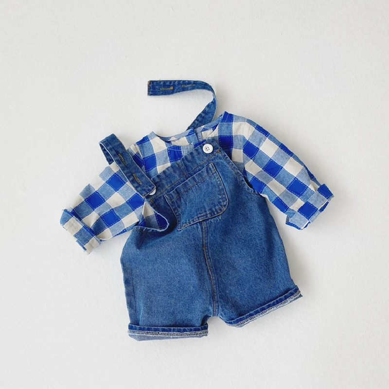 

2 шт., клетчатая рубашка и джинсовый комбинезон для мальчиков и девочек