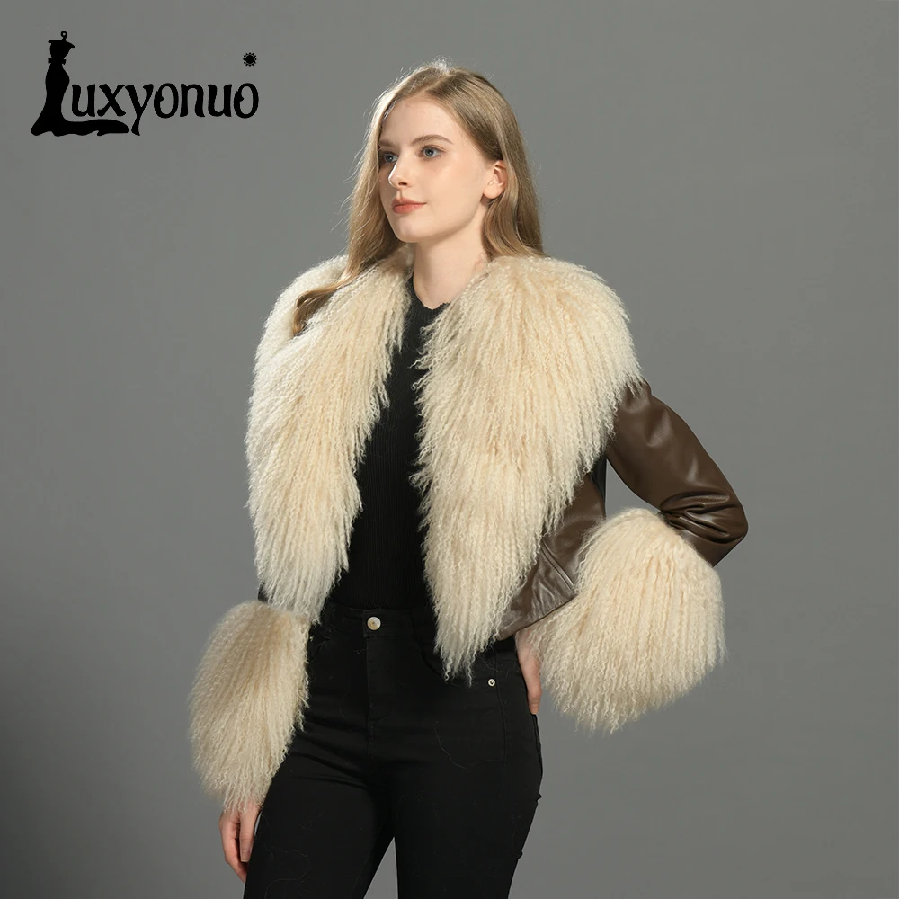 Luxyonuo женская куртка из натуральной кожи осенняя роскошная овчины с большим