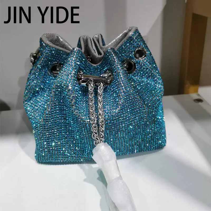 Luxury Diamonds Evening Bag Designer Crystal Mesh Bucket Handbags Rhinestones Chains Shoulder Crossbody Bags Small Party Purses