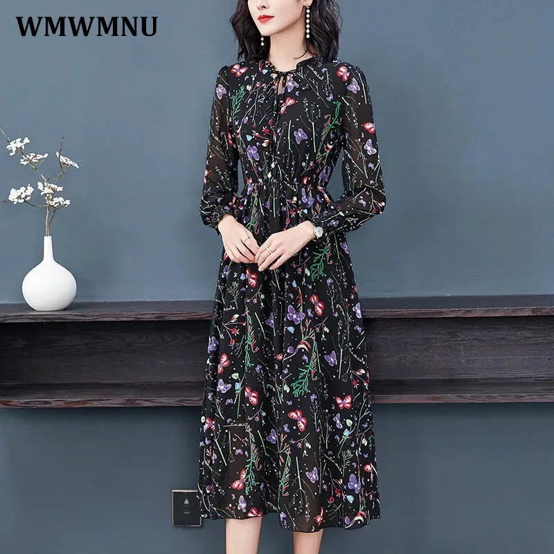 

Office Lady Korean Chiffion Print Dress Women Vintage Long Sleeve Elastic Waist Evening Dresses Elegant Midi Vestidos De Mujer