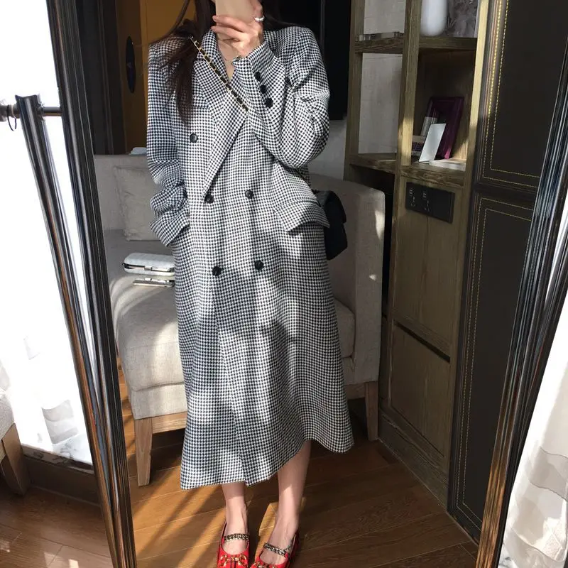 

Women Spring Blazer Coat Turn Down Collar Plaid Long Blazer Feminino Ladies Coat Casaco Feminino Chic Tops For Women Clothes