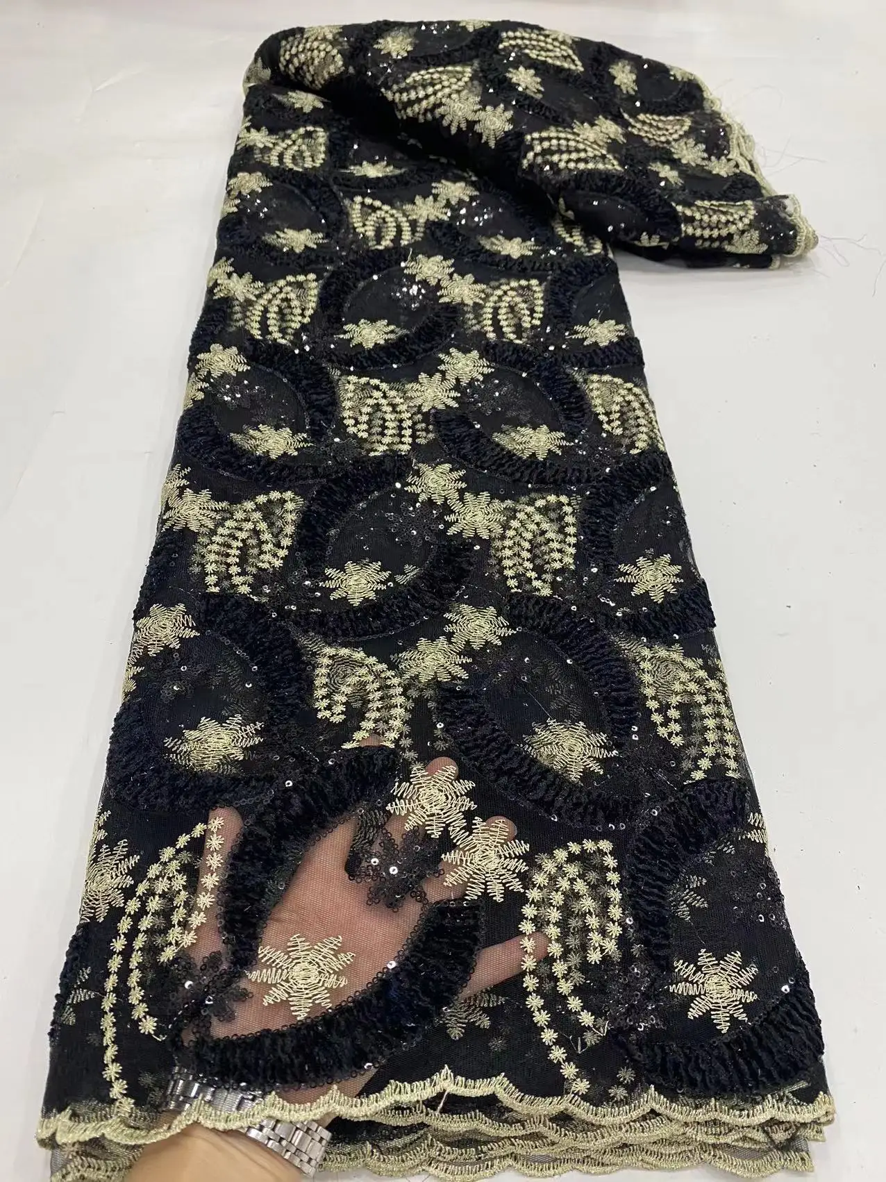 

High Quality Nigerian Lace Fabrics 2022 With Sequins African French Net Lace Fabric Embroidered Tulle Mesh Lace DPF1-7
