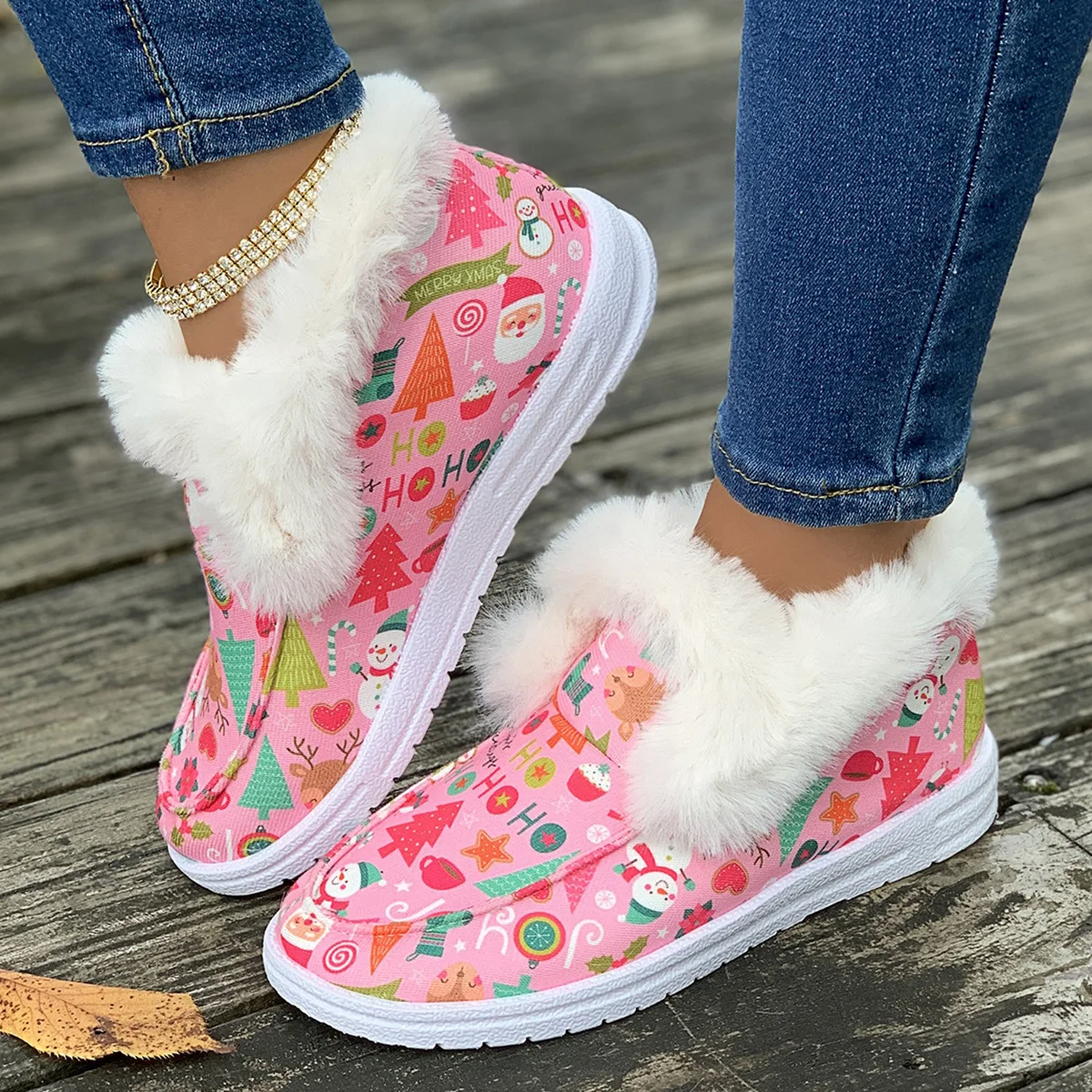 Женские парусиновые ботинки с принтом Санта Клауса рождественские пушистые