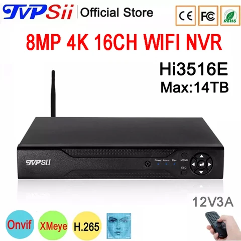 Система видеонаблюдения с функцией распознавания лиц, NVR-видеорегистратор с 16 каналами, Wi-Fi, 16 каналов, 14 ТБ, 12 В, 3 А, Hi3536E, аудио, XMeye, H.265 + 8 Мп, 4K