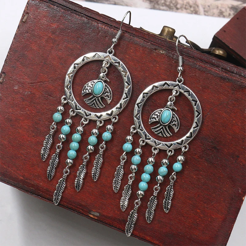 

Винтажные серьги в европейском и американском богемном стиле, полые металлические бирюзовые металлические серьги, модные украшения
