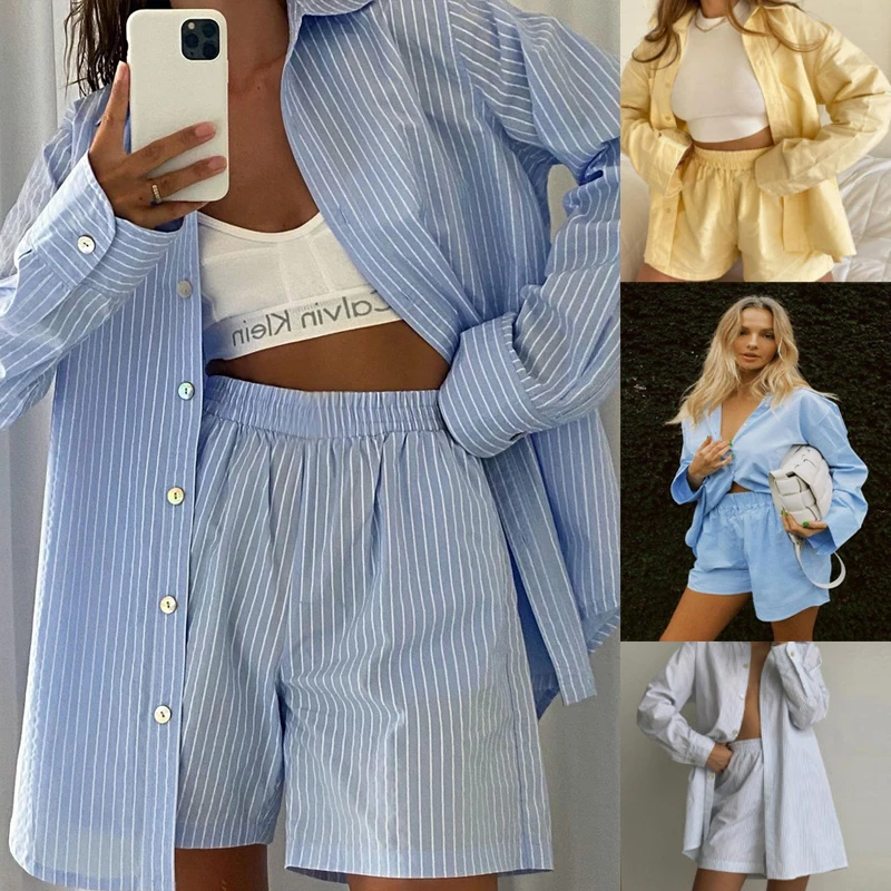 Women's Home Clothes Stripe Long Sleeve Shirt Tops and Loose High Waisted Mini Shorts Two Piece Set Pajamas