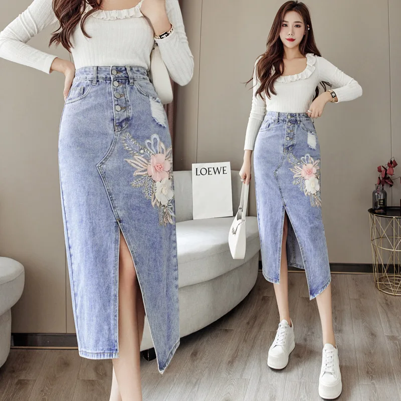 

Autumn Winter New Women Denim Skirt Fashion Design Mid-length High Waist Sexy Package Hip Skirt Printing Embroidery Slit Skirt