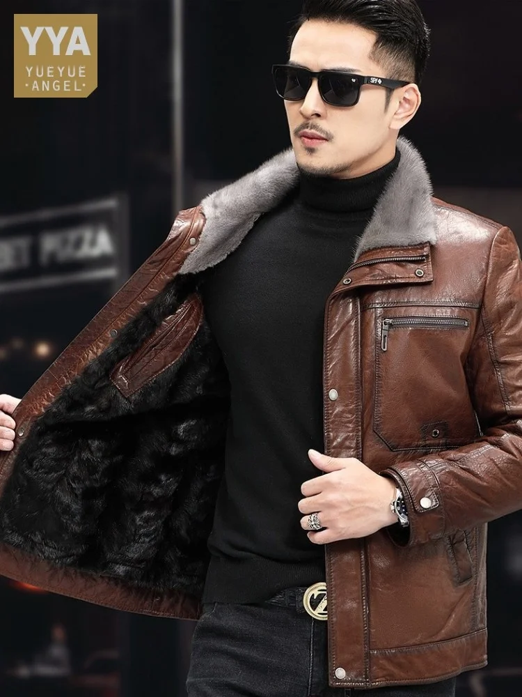 

Winter Real Fur Oil New Wax Sheepskin Genuine Leather Jacket Mink Fur Lining Warm Motorcycle Coats Business Casual Mens Overcoat