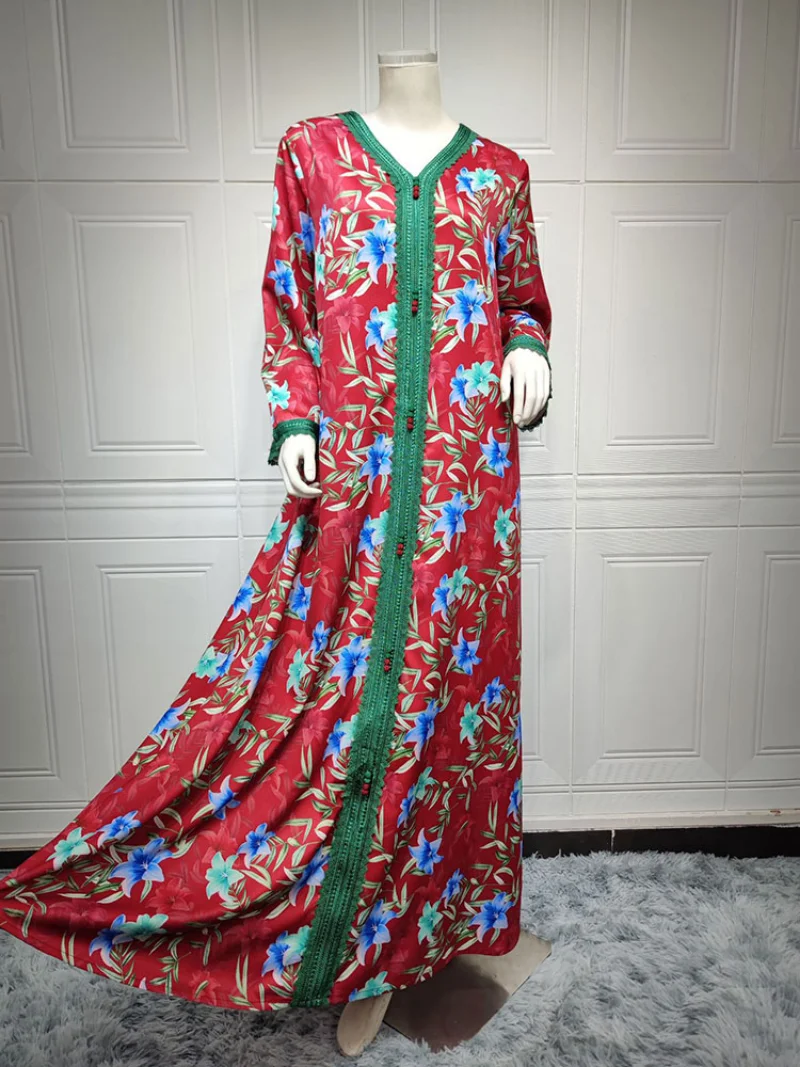 Floral Abaya Muslim Long Dress Women Braided Lace Trimming Casual Gulf Jalabiya Muslim Ramadan Eid Kaftan Islam Clothing Spring