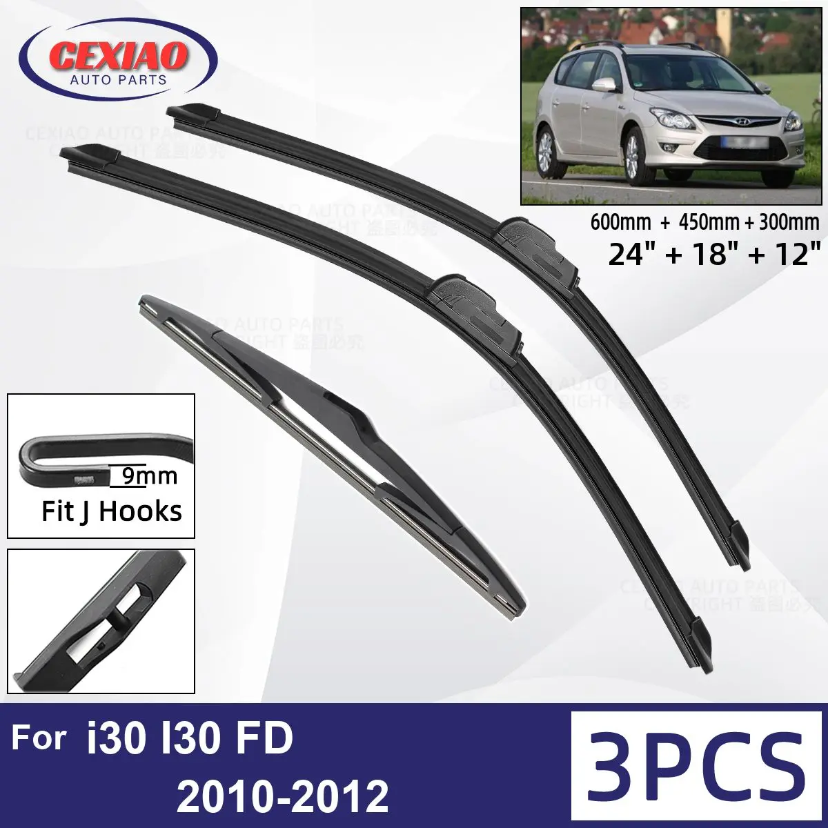 

For Hyundai i30 I30 FD 2010-2012 Car Front Rear Wiper Blades Soft Rubber Windscreen Wipers Auto Windshield 24"+18"+12" 2011 2012