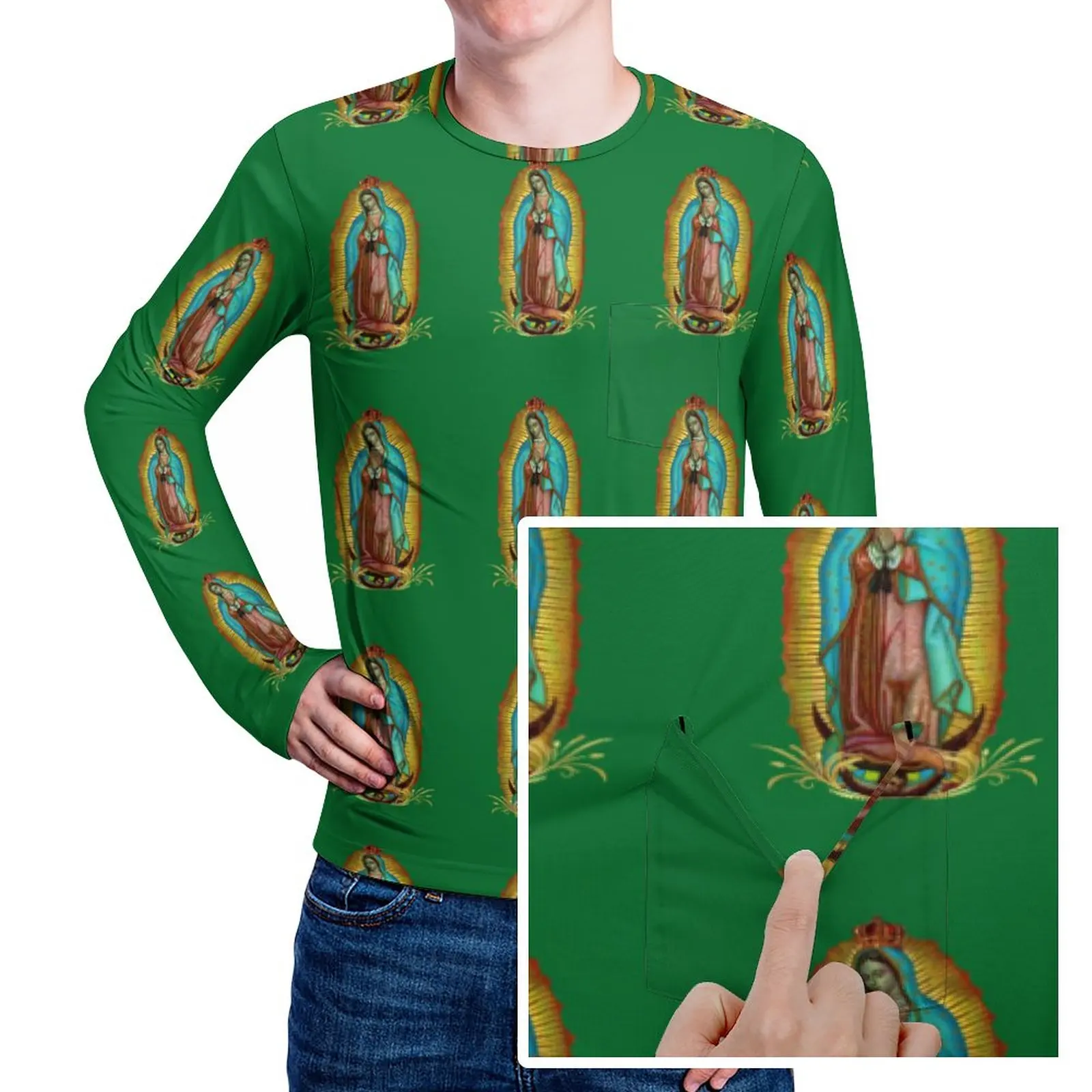 

Virgin Mary T Shirt Mexican Virgin Fashion T-Shirts With Pocket Long Sleeve Design Tshirt Autumn Street Style Oversized Tees