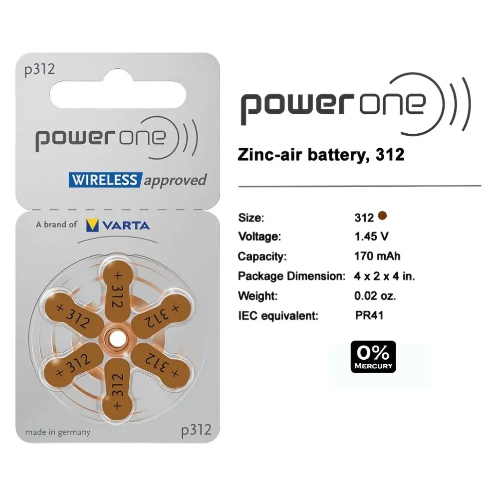Батареи для слуховых аппаратов PowerOne P312 60 шт./10 карт 1 45 в 312 312A A312 PR41 цинковая