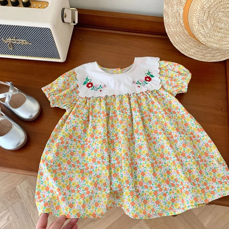 

Princess Girl Floral Dress 2023 Summer Toddler Kids Short Sleeve Embroidery Flower Vestidos A-line Sundress Clothes For 0-6Years