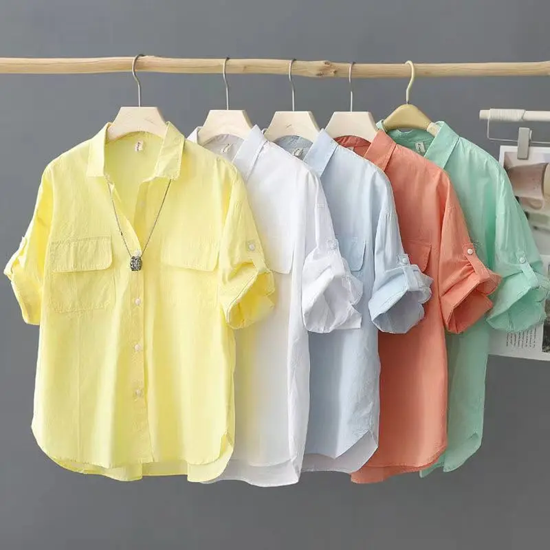 

DUOFAN Cotton Short Sleeve Casual Shirt Fashion Women's Blouses 2022 Summer New Solid Loose Thin Pocket Lapel Top Female Clothes