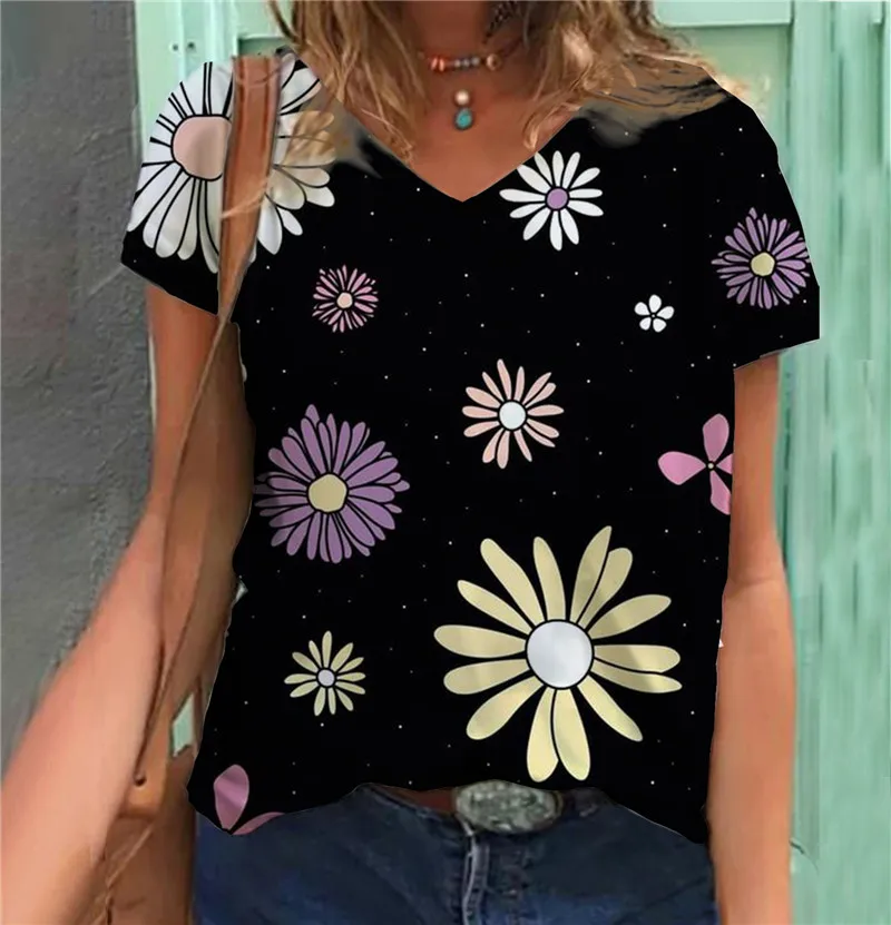

Short Sleeve V-Neck Women Loose Casual T-Shirts Flower Floral Print Summer Streetwear Pullovers Tees Cotton Female Basic T-Shirt