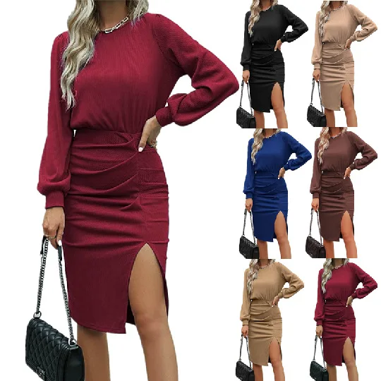 Autumn and winter women's threaded waist closing lantern long sleeved knitting split hip wrap dress