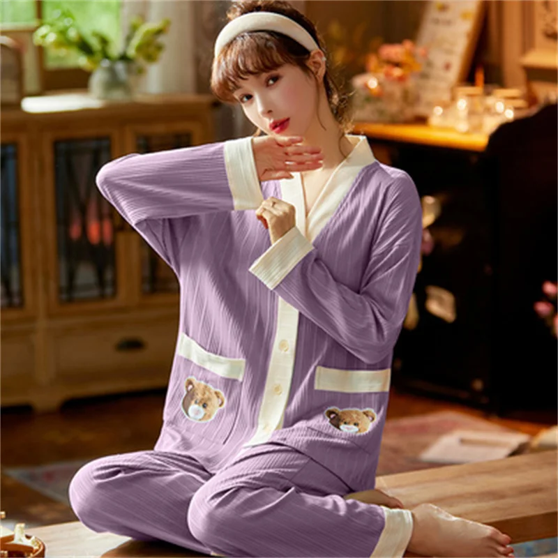 Sweet Pajamas Set Casual Cartoon Sleepwear For Women Elastic Pyjama Women's Autumn Fashion Homewear Clothes Big Size