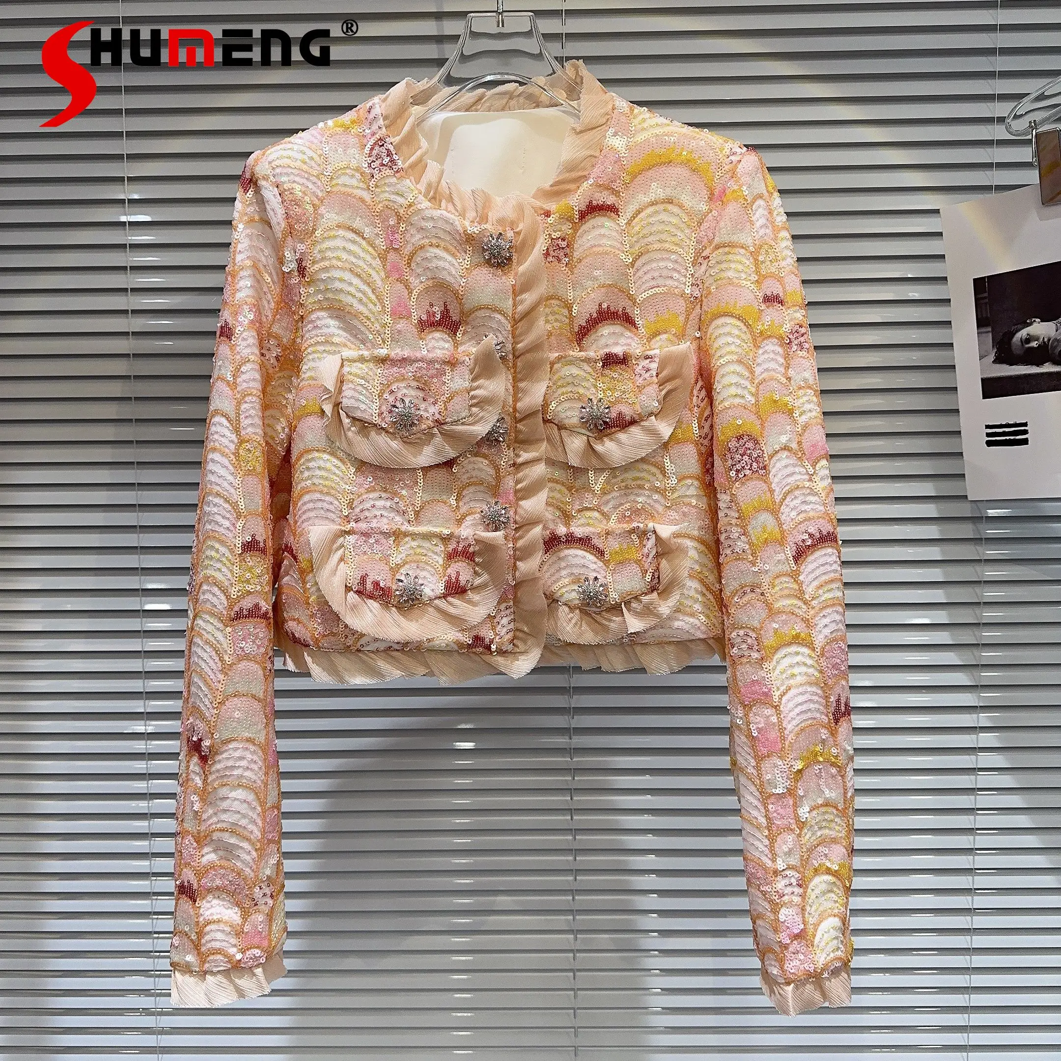 

Spring Autumn New Classic Style Heavy Industry Color Sequined Lace Collar Drill Buckle Short Coat for Women Chic Coats Top