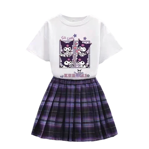 Комплект одежды для девочек Sanrio Kuromi Kawaii, костюм из футболки и юбки, летняя одежда, костюм для девочек, детская одежда для подростков, стильная плиссированная юбка