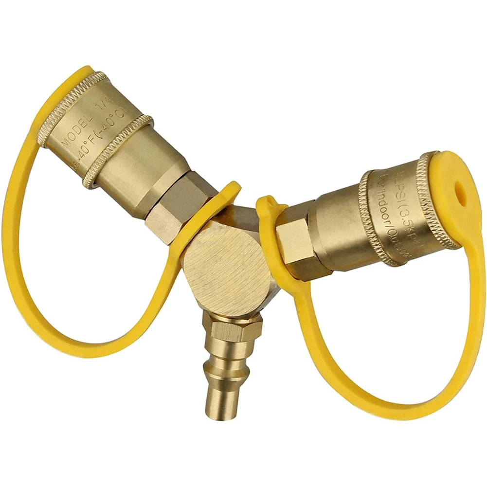 

1/4in Propane Tank Adapters LP Gas Line Splitter 2 Way Hose Tee Y Propane Splitter - 2 Propane Quick Connect Ends