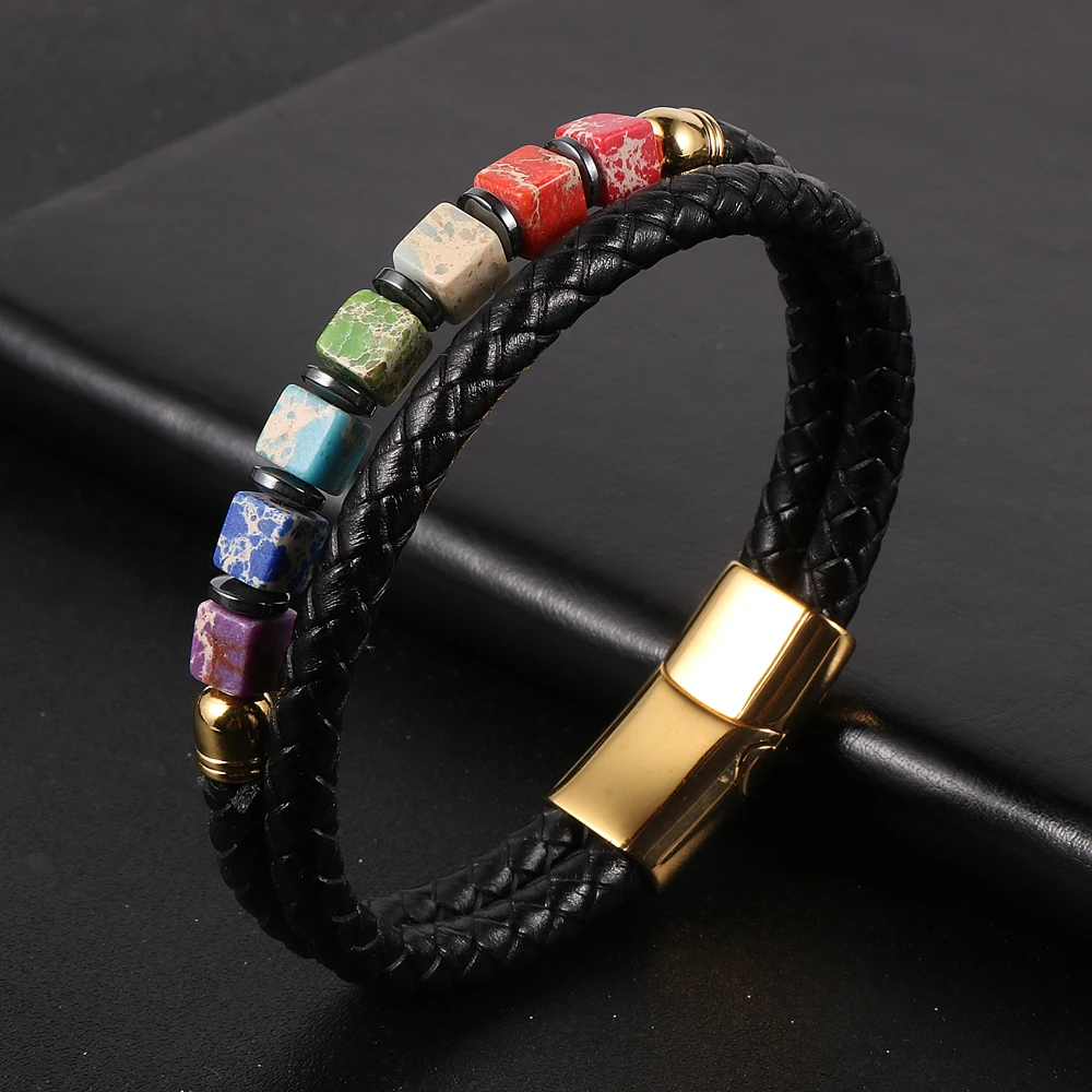 

Braided Double Layers Genuine Leather Bracelet For Men Natural Emperor Stone 7 Chakra Hematite Spacer Beads Bracelets Women
