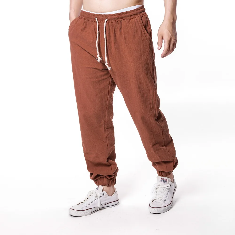 

2022 Men's Summer New Linen Trousers Casual Loose Pure Color Tied Elastic Waist Pants
