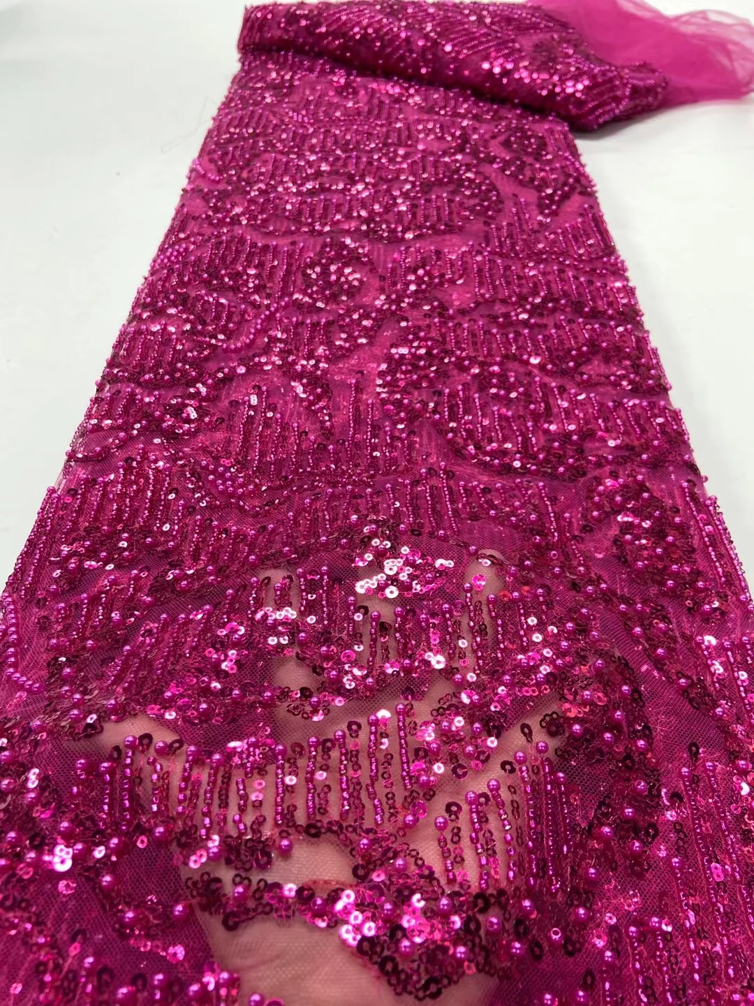 Fashion 2023 Fushia Pink Heavy High Quality Nigeria Aso Ebi Party 5 Yards Tulle Fabric Lace With Beads and Sequins T0410