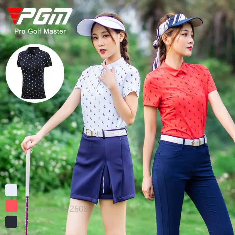 

PGM Summer Women Short Sleeve Polo Shirts Printed Golf T-shirts Lady Breathable Golf Apparel Quick Dry Tops Turn Down Collar Tee