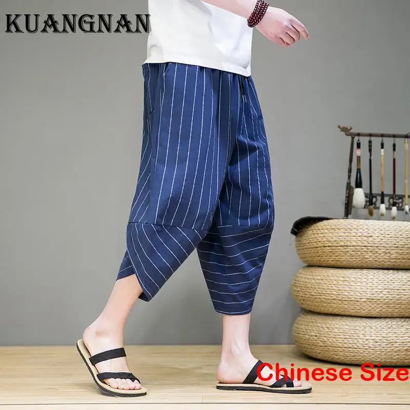 

KUANGNAN Cotton Linen Striped Pants for Man Mens Trousers Korean Style Clothes Sweatpant Dropshipping Harajuku 5XL 2023 Summer