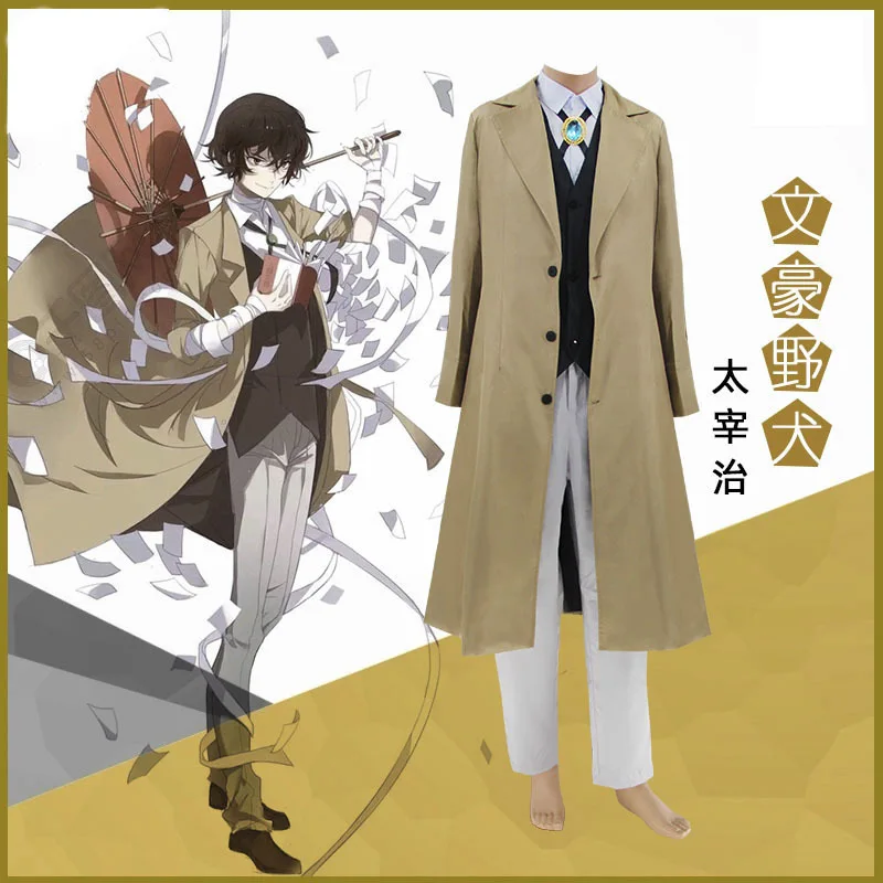 

Anime Bungo Stray Dogs Dazai Osamu Cosplay Costume Long Jacket Coat Suit Adult Men Windbreaker Halloween Costumes for Women