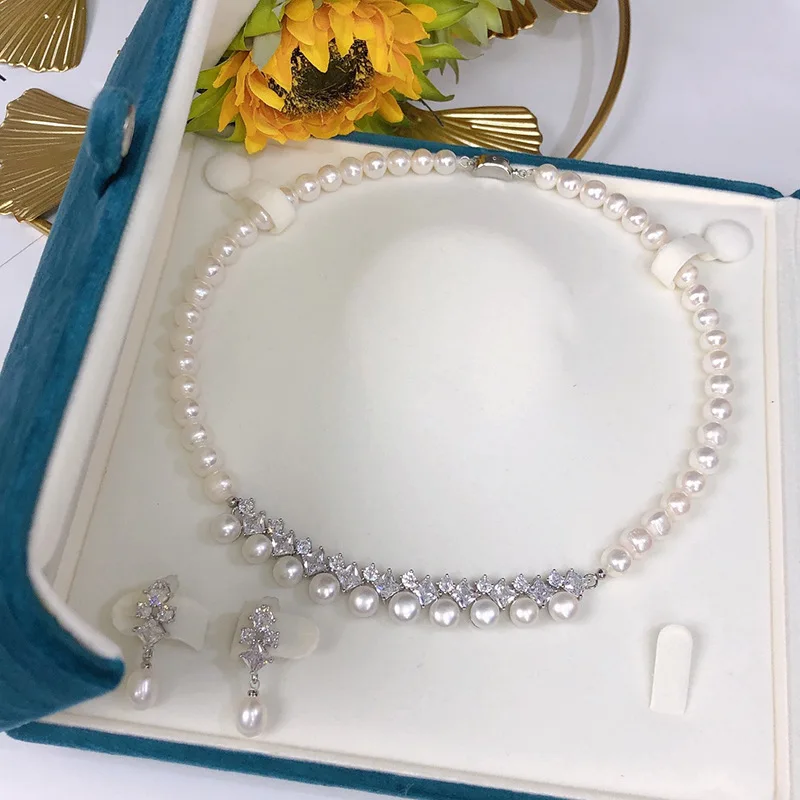 one Set freshwater pearl white round 8-9mm chain flower necklace Earrings nature beads