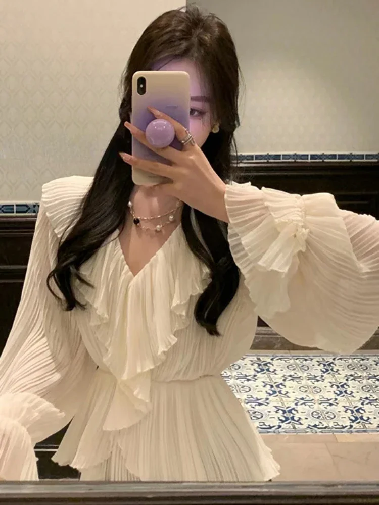 Плиссированное платье с оборками Женская одежда длинным рукавом Белое длинное