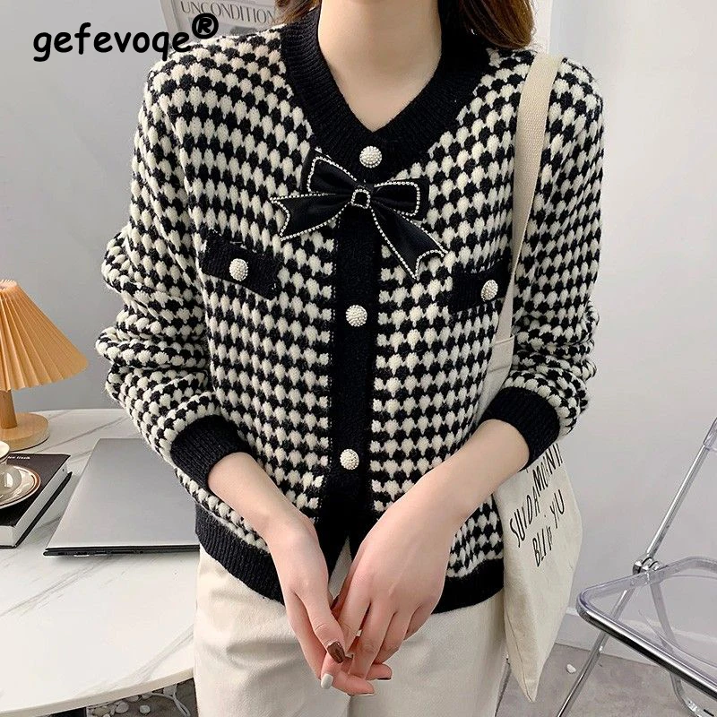 

Women Trendy Houndstooth Bow Chic Sweet Outewear Button Knitted Cardigans Autumn Winter Casual O Neck Long Sleeve Sweater Coat