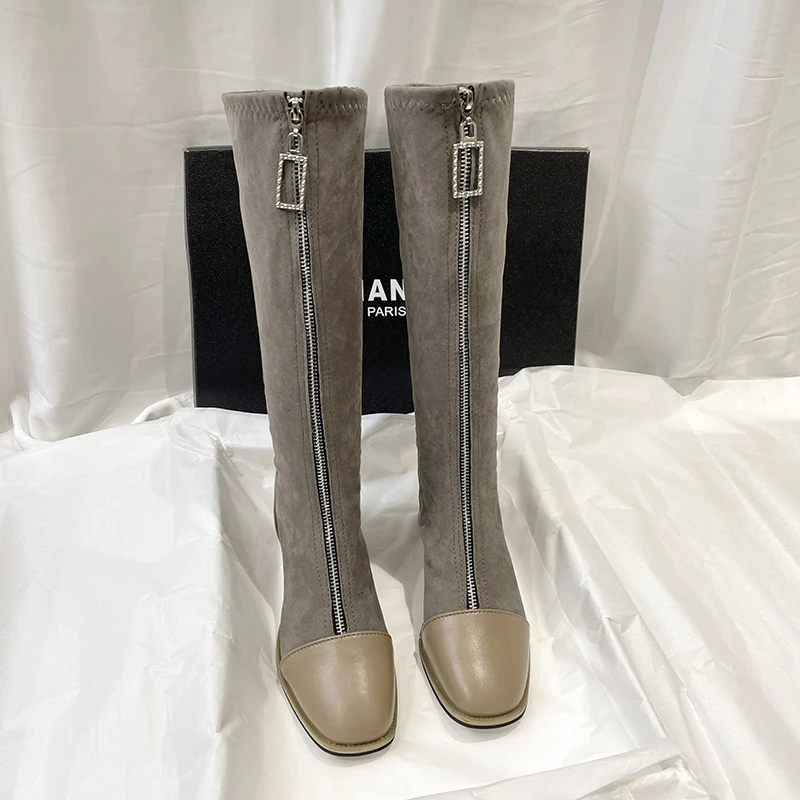 

Женские сапоги до колена в стиле ретро, универсальные высокие сапоги на высоком эластичном каблуке, с молнией спереди и квадратным носком, ...