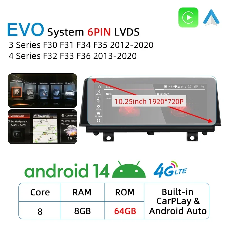 

10,25-дюймовый Android 14 CarPlay для BMW 3 серии F30 F31 F34 F35 2012-2020 GPS Мультимедийный плеер Навигация Авто Радио Стерео DSP