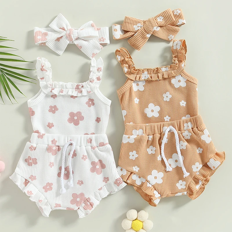 

Newborn Baby Girls Summer Clothes Sets Floral Print Ruffles Sleeveless Waffle Rompers Bodysuits+Drawstring Shorts 3cps Outfits