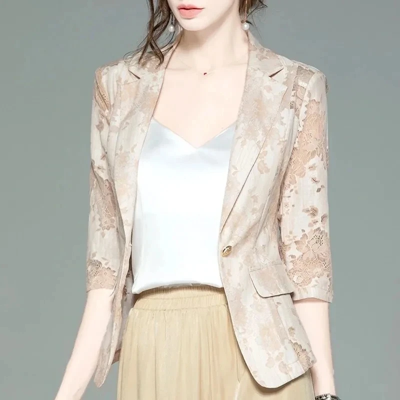 

Spring lace small shawl coat nuns hollow thin top mid-sleeve suit office lady womens jackets blazer women set Blazers