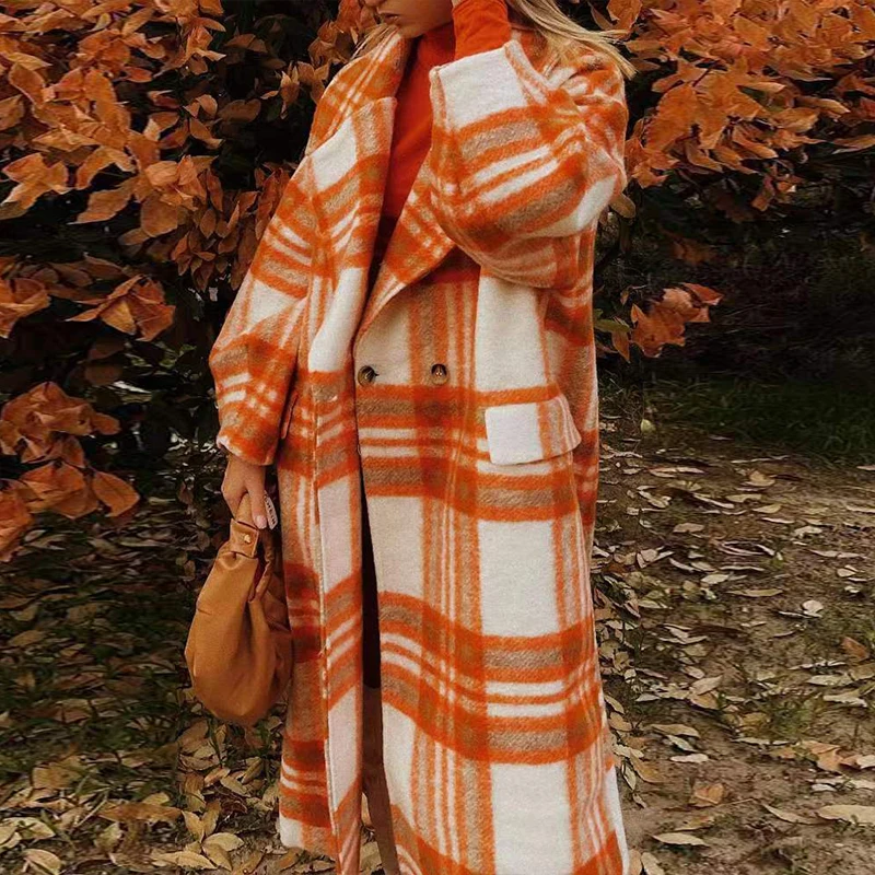

Casual Loose Ladies Streetwear Jackets Winter New Women Thick Woolen Overcoats Fashion Beautiful Plaid Pattern Women Long Coats