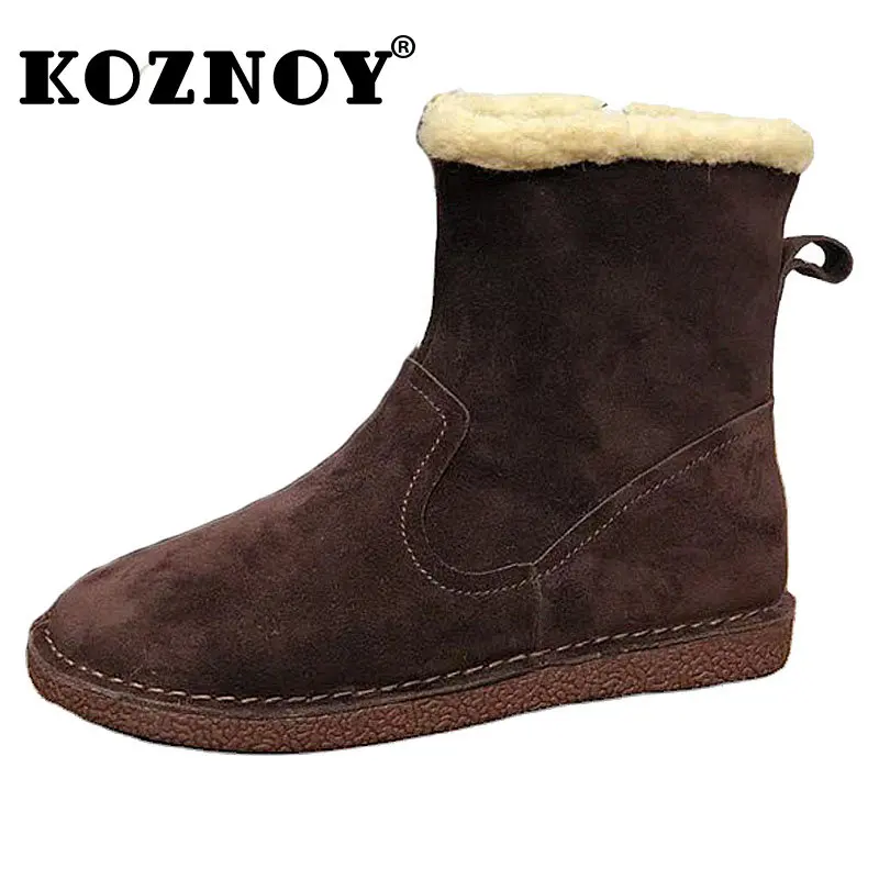 

Koznoy 2cm Natural Cow Genuine Leather Warm Fur Ankle Snow Boots Autumn Winter Women Booties Ladies Soft Solid Flats Plush Shoes