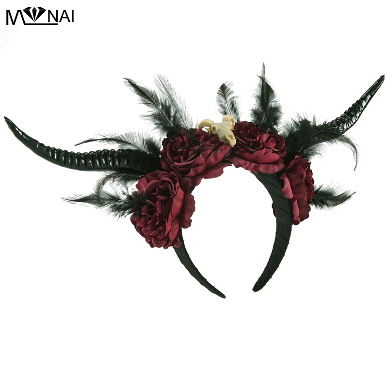 Женский ободок на голову для Хэллоуина, готический повязка на голову, украшения, Череп, розы, костюмы, аксессуары