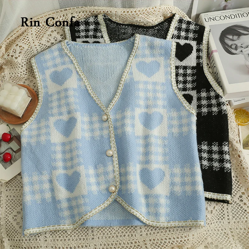 

Rin Confa Women V-Neck Pearl Single-Breasted Love Knitting Cardigan Autumn New Loose-Fitting Tops Fashion All-Match Waistcoat
