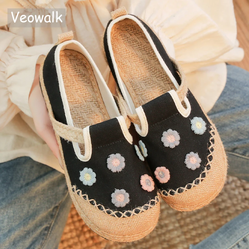 

Veowalk Flowers Embroidered Women Handmade Linen Cotton Slip On Flat Espadrilles Shoes Vegan Comfortable Walking Loafers