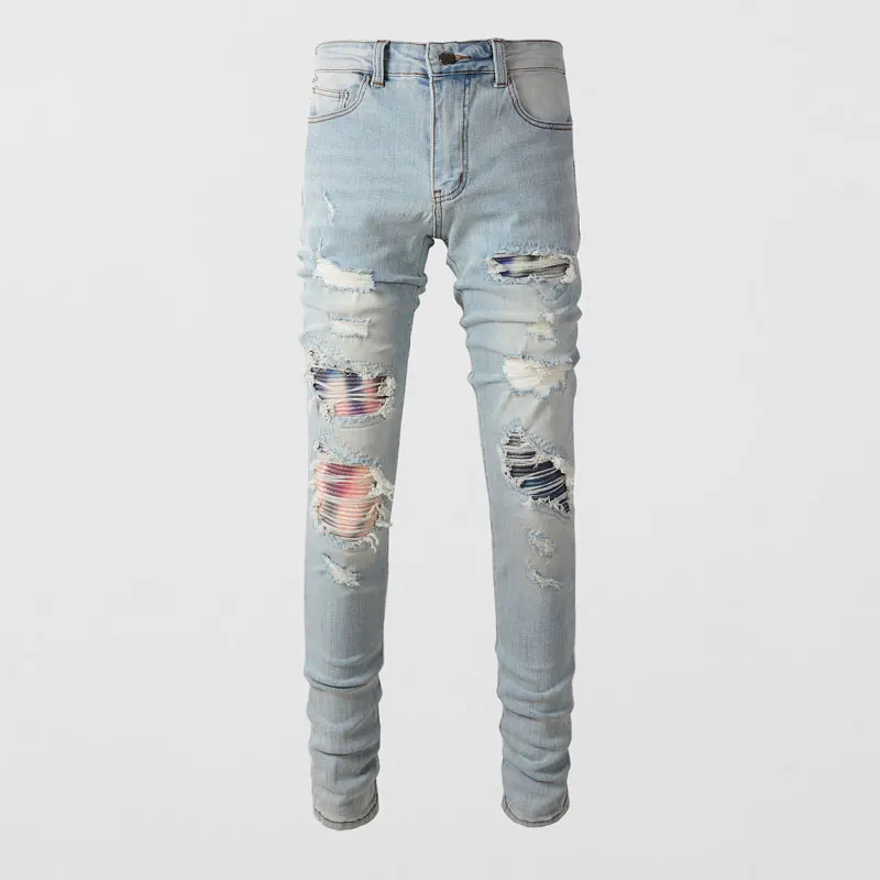 High Street Fashion Men Jeans Retro Light Blue Elastic Stretch Skinny Fit Ripped Jeans Patched Designer Hip Hop Brand Pants Men