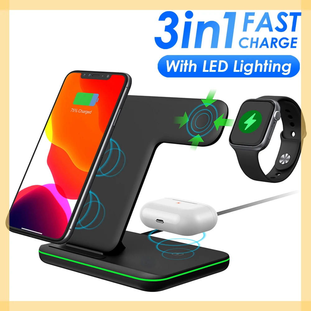 

15W 3 in 1 Fast Charging Qi Wireless Charger Stand for iPhone13 12 11 XS XR X 8 Applle Watch 7 6 SE Airpodss Pro Pad Dock Statio