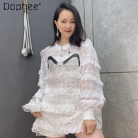 summer mid length multi layer white lace tops loose big bow embroidery see through trendy long sleeve blouses for women spring