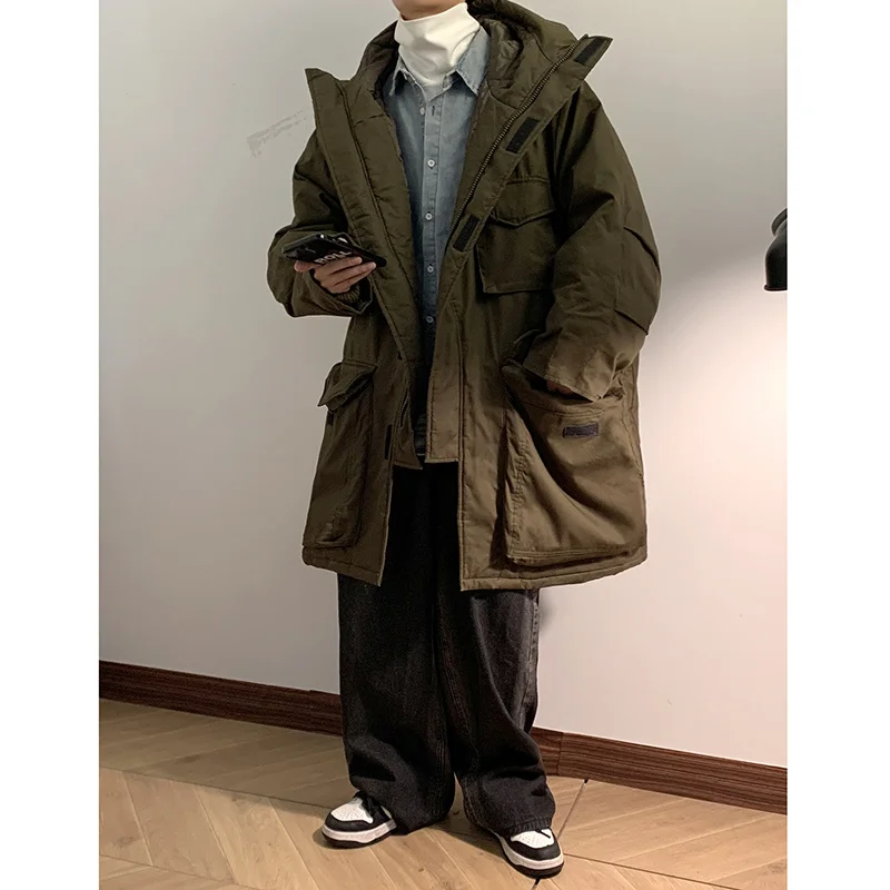 Winter Jacket Men Warm Fashion Retro Pocket Thickened Down Jacket Men Streetwear Korean Loose Mid Length Hooded Coat Mens Parker